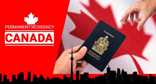 Close-up of a Canadian passport with a hand reaching out, symbolizing successful permanent residency approval in Canada, with red and white maple leaf background and Toronto skyline silhouette.