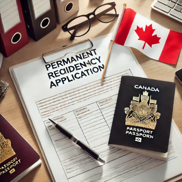 Permanent Residency Application form with Canadian passport, flag, and office supplies on a clean desk