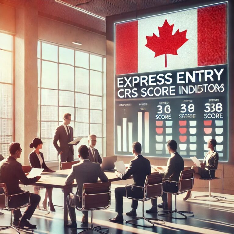 Diverse professionals in a modern office reviewing documents and CRS details, representing the Express Entry system for Canadian immigration.