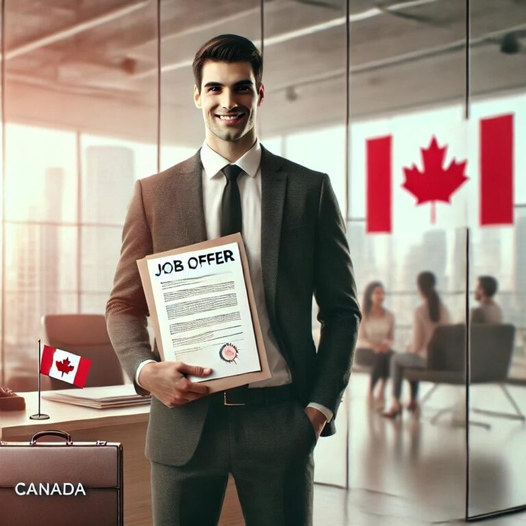 Professional man in a business suit holding a Canadian job offer document inside a modern office with Canada flags in the background