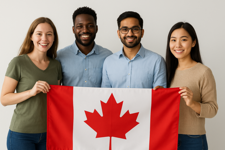 Diverse group of immigrants holding the Canadian flag, representing the Provincial Nominee Program (PNP) pathway to permanent residence in Canada.