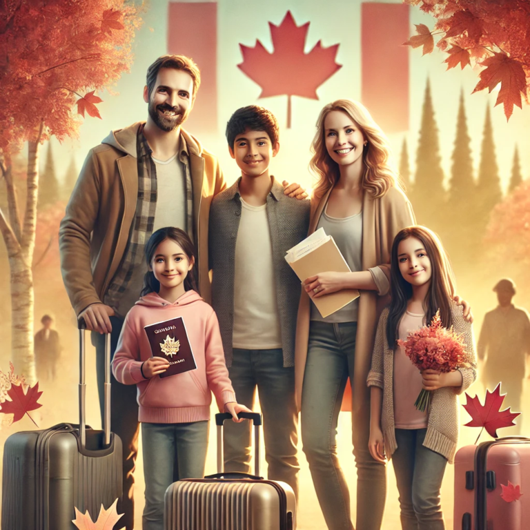 Immigrant family standing together with luggage against a Canadian-themed background, symbolizing bringing family to Canada immigration process.